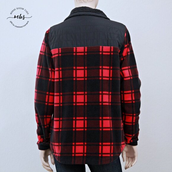 Columbia Benton Springs Overlay Plaid Check Zip Fleece Jacket Red Black Women M - Picture 6 of 10